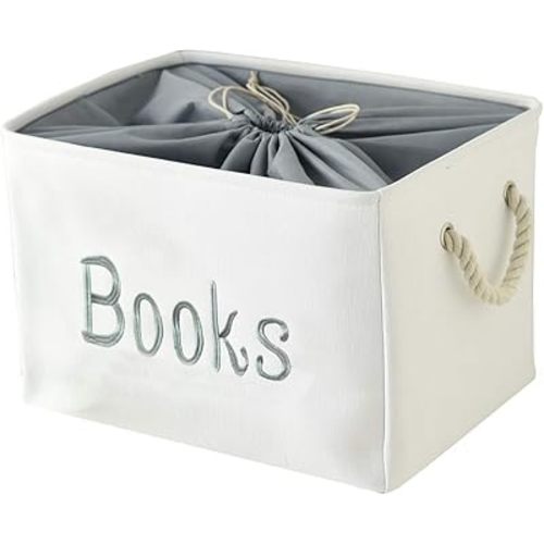 INough Book Basket for Kids Room, Book Storage Basket Book Organizer for Nursery Room Classroom Library Book Storage Box Collapsible Book Bins with Drawstring Closure for Cartoon Book Reading