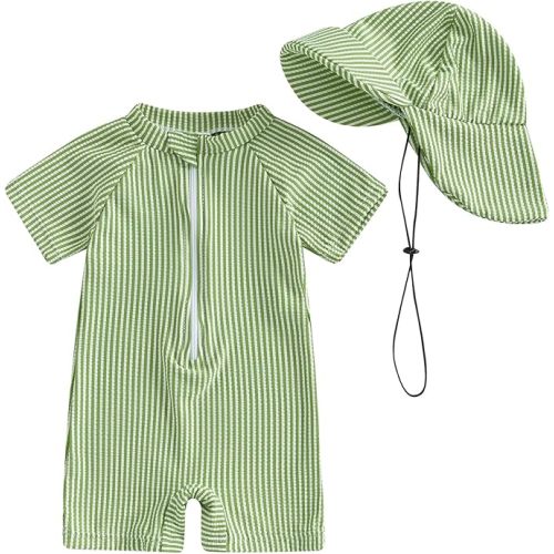 Toddler Baby Boys Seersucker Short Sleeve One Piece Rash Guard Swimsuit Zipper Bathing Suit Swimwear with Hat