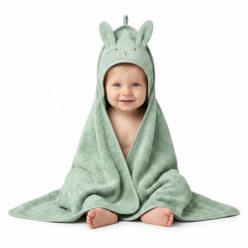 Huxie Hooded Baby Towel – 100% Organic Cotton Baby Bath Towels – Baby Boy Newborn Essentials - Super-Soft and Absorbent. (Rabbit - Roman Green)