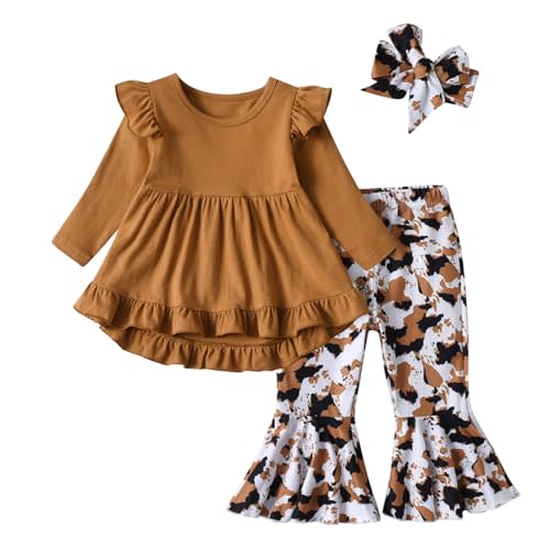 KuKitty Toddler Baby Girl Clothes Solid Color Long Sleeve Ruffle Tops Floral Bell-Bottoms Pants and Headband Outfits Set