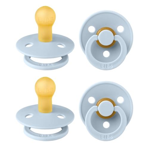 BIBS Colour Pacifier 4-Pack, BPA Free Dummy Pacifier, Round Nipple. Natural Rubber Latex, Made in Denmark, Size 1 (0-6 Months), Baby Blue