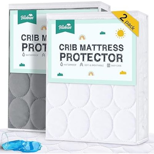 Biloban Crib Mattress Protector 2 Pack, Waterproof, Quilted, Grey & White, Absorbent, Ultra Soft, Noiseless, Durable