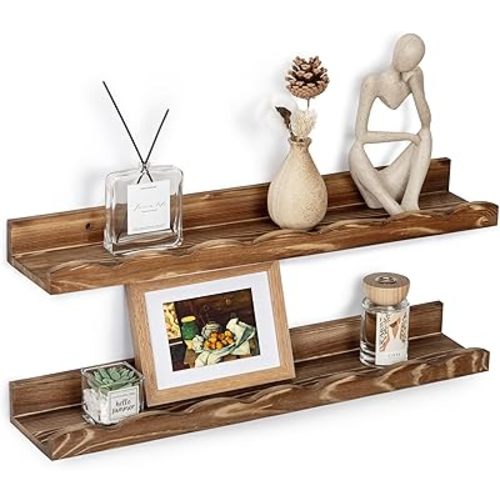 Fun Memories Picture Ledge Shelf for Wall, 24 inch Pine Wood Nursery Book Shelves Set of 2- Wall Book Shelves for Kids Room, Home Decor - Kitchen Spice-Carbonized