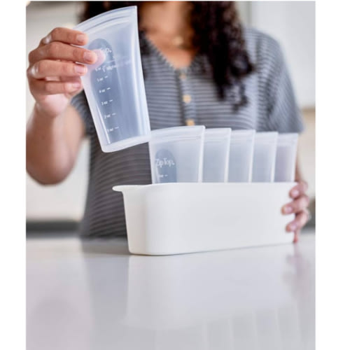 Zip Top Reusable 100% Platinum Silicone Breast Milk Storage, Made in the USA - Bag Set of 6 + Freezer Tray