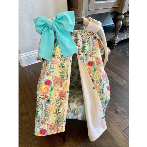 Pretty Baby Car Seat Cover - Multi color Floral - All Cotton or Minky - Jumbo Bow Incl - Baby Girl - Shower Gift