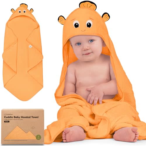 KeaBabies Hooded Baby Towel for Newborn, Baby Bath Towels(Clownfish, 35x35) | Viscose Derived from Bamboo, Large Baby Towels with Hood, Boys, Girls, Toddler, Soft Absorbent Baby Bath Essentials