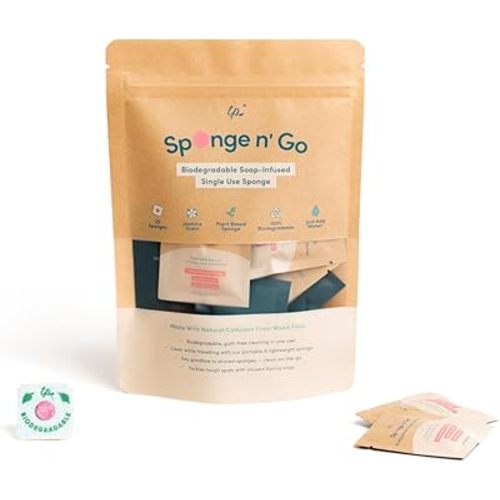 Sponge n' Go: 20-Pack Mini Travel Dish Soap & Sponges | Biodegradable, Soap-Infused, Single-Use Cellulose Compressed Sponges | Your On-The-Go Cleaning Companion for Trips, Camps, Work