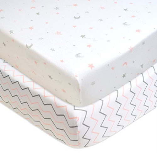 American Baby Company 2 Pack 100% Natural Cotton Fitted Crib Sheets 52" x 28" - Soft, Breathable, Hypoallergenic & Gentle Toddler Bed Sheets, Pink Stars/Zigzag, Neutral for Boys & Girls