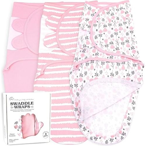 Bublo Baby Swaddle Sleep Sack with Zipper - Swaddles for Newborns - 3 Pack Baby Swaddles for 0-3 Months - Infant Sleeping Swaddle Sack – Adjustable Swaddle Blanket Wrap Boy Girl, Pink Flowers