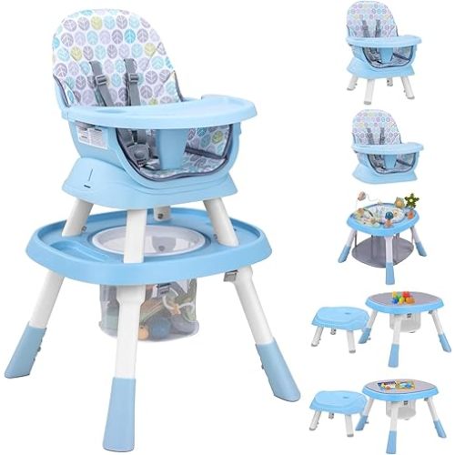 Baby High Chair with Activity Play Center,8-in-1 Convertible High Chairs for Babies and Toddlers with Baby Toys,Table and Chair Set Building Block Table,Highchair for Ages 6-120 Months,Blue