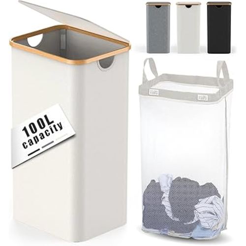 110L Laundry Hamper with Lid - CHAMUTY Large Laundry Basket, Clothes Hampers for Laundry, Dirty Clothes Hamper, Foldable & Space Saving (Beige)
