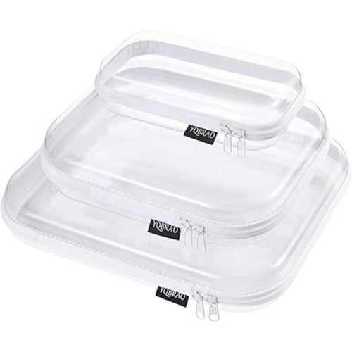 YQBRAO Hard Sided Clear Zipper Case for Storage- Professional-Grade Plastic Clear Zipper Pencil Case,Toy Storage Bins, Toiletry Pouch, Travel Organizer, Cosmetic Bag（White,3 Pack, LMS）