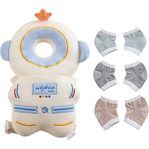 Baby Head Protector Cushion Backpack with 3 Baby Knee Pads for Walking & Crawling. (Mesh Astronaut)
