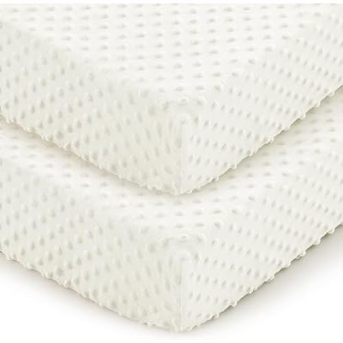 Entisn Baby Crib Sheets 2 Pack, 28 x 52 Inch Minky Dot Fitted Crib Mattress Sheet for Boys and Girls, Soft and Warm Fleece Nursery Bedding for Standard Toddler Bed Mattresses (White)