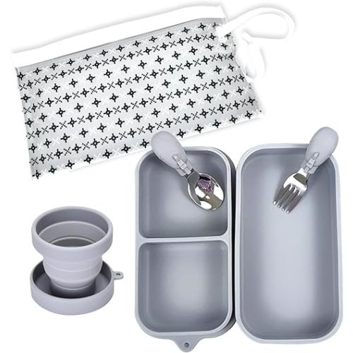 6PCS Travel Suction Plate for Baby,Portable Silicone Suction Plate to Go,Baby Divided Plates Feeding Set with Travel Bag,Cup for Toddler Baby Plate Divided Bowls Travel Essential Gray