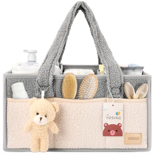 YOSING Diaper Caddy Organizer, Baby Diaper Caddy for Changing Table, Newborn Caddy for Car Travel, Nursery Storage and Car Organizer for Diapers and Baby Wipes, Gray+ White