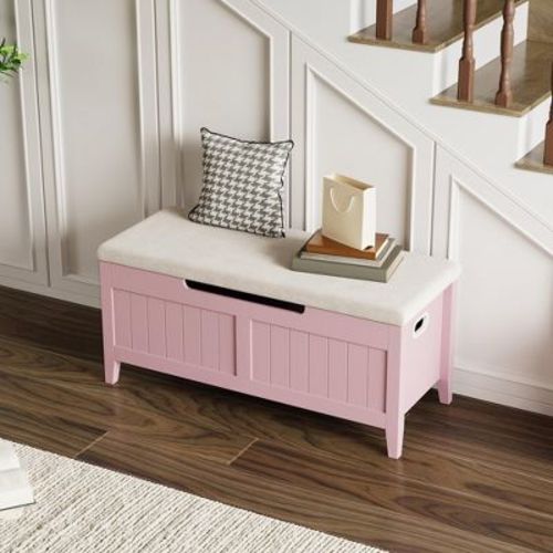Storage Chest, Storage Trunk with Cushion Seat, 2 Safety Hinges, Storage Bench, Wooden Storage Organizer, Shoe Bench Easy Assembly,Pink