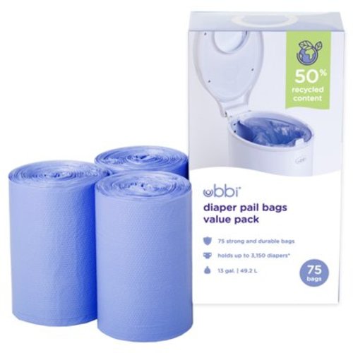 Ubbi Baby Trash Refill, Disposable Waste Liners, Diaper Pail Plastic Bags, 75 Count, 13-Gallon