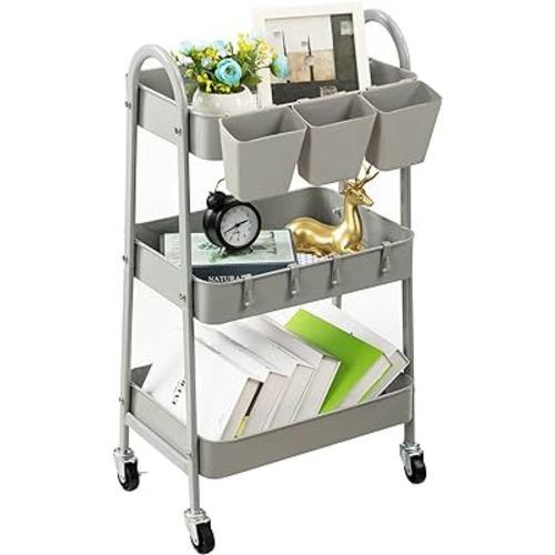 danpinera 3-Tier Rolling Cart, Metal Rolling Storage Cart with Lockable Wheels & Hanging Cups & Hooks, Mobile Trolley Cart for Kitchen, Bathroom, Office, Workshop, Gray