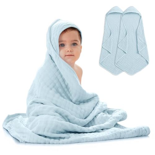 Comfy Cubs Hooded Baby Towel 2-Pack, Large 32 x 32 Inch - 6 Layer 100% Muslin Cotton for Babies, Toddlers and Kids - Soft & Absorbent Baby Bath Towels - Unisex Design for Bath Time - Sky Blue