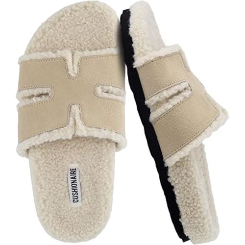 CUSHIONAIRE Cuddle Fur Slippers for Women Faux Shearling Slide Sandal +Memory Foam, Wide Widths Available