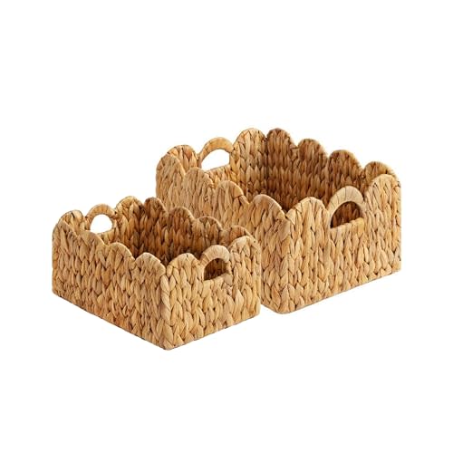 LUSYDECO Set of 2 Scalloped Edge Wicker Storage Basket with Built-in Handles, Rectangle Water Hyacinth Basket for Organizing, Decorative Woven Rattan Basket for Shelf, Nursery Room