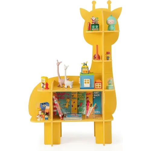 Costzon Giraffe Kids Bookshelf, 4-Tier Toddler Montessori Shelf Book Rack, Toy and Book Storage for Kids, Wooden Children’s Bookcase, Toy Storage Organizer for Kids Room, Playroom, Nursery