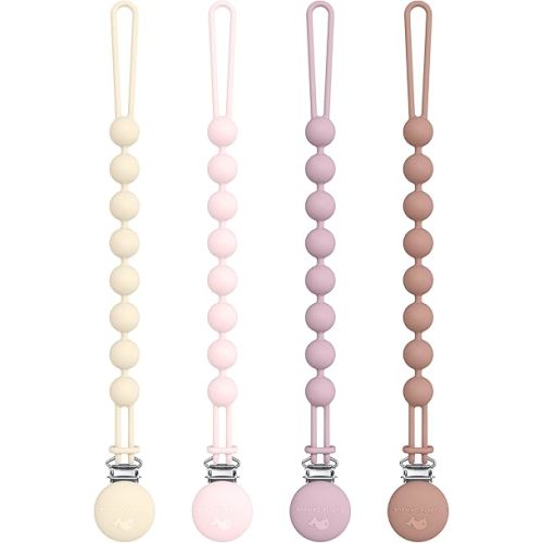 Cuddle Campus Silicone Pacifier Clip Holder with One Piece Design, Pack of 4 Soft Flexible Binky Clips with Texture for Baby Boy and Girl