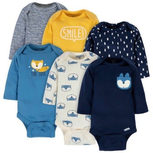 Gerber Baby and Toddler Boys' Long Sleeve Onesies Bodysuits - Fox - Newborn - 6-Pack