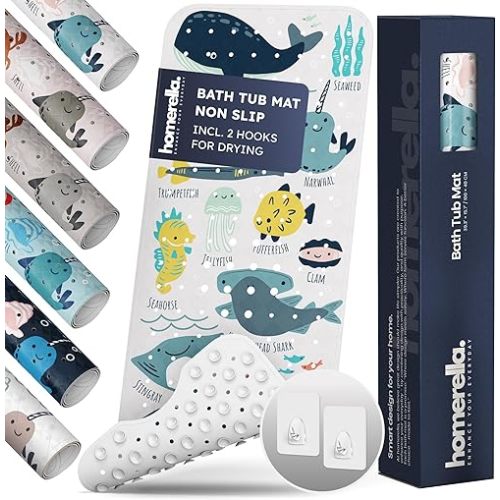 Homerella Baby Bath Tub Mat | Anti Mold Mildew Resistant Non Slip Kids and Adult Bath Tub Shower Mats | 40x16 inch Long with Suction Cups for Secure Grip Hooks for Storage & Drying | Machine Washable