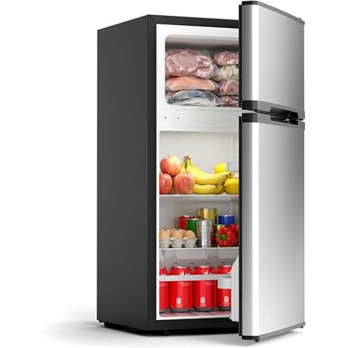 COWSAR 2.5 Cu.Ft Dorm Fridge with Freezer, Double Reversible Door Compact Refrigerator with 2 Removable Shelves, Commercial Drink Fridge for Bedroom, Office, Kitchen, Dorm, Silver