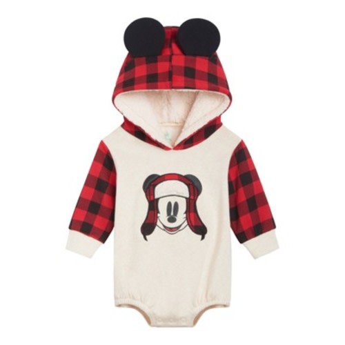Disney Mickey Mouse Newborn Baby Boys Fleece Bubble Romper Matching Family Cosplay Bodysuit Buffalo Plaid Cream White / Red 0-3 Months