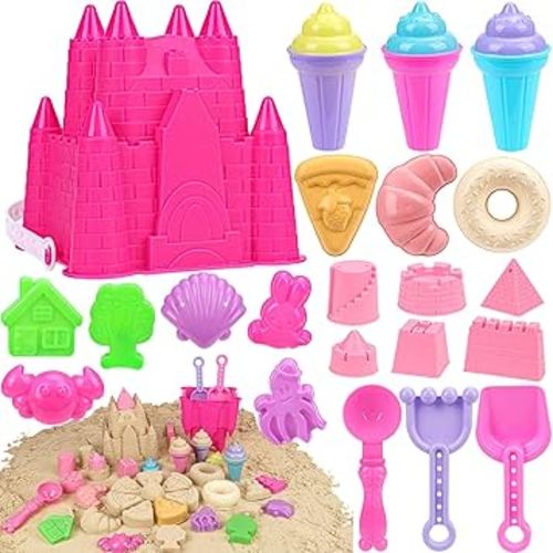 Beach Toys Sand Toys for Kids, Ice Cream Beach Toys with Sand Castle Bucket, Dessert Sand Molds, Shovel and Rake, Sand Castle Kit, Sandbox Toys for Toddlers Kids Girls, Travel Beach Toys for Kids 3-10
