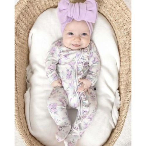 Lev Baby Girls' Bamboo Viscose Floral Ruffle Footie Pajama with 2-Way Zipper, Snug Fit - Lavender (0-3M)