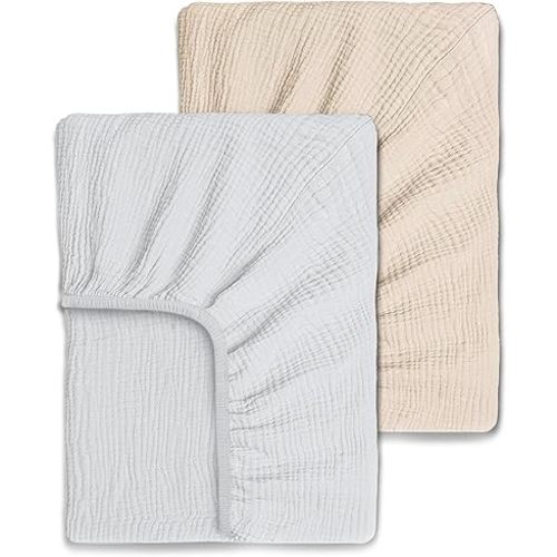 Ultrasoft Muslin Baby Crib Sheets Neutral for Boy or Girl, 100% Organic Cotton Boho Fitted Crib Sheet in 2-Pack, Universal Fit Crib Mattress Sheet Set, 52 x 28”- Sand-Ether