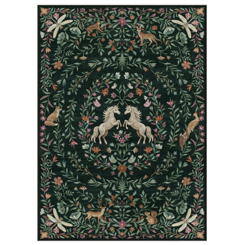 Myrrha Washable Fantasy Garden and Unicorn Dark Green Rug - Lahome
