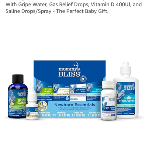 Mommy's Bliss 4-Piece Newborn and Baby Essentials Kit - With Gripe Water, Gas Relief Drops, Vitamin D 400IU, and Saline Drops/Spray - The Perfect Baby Gift.