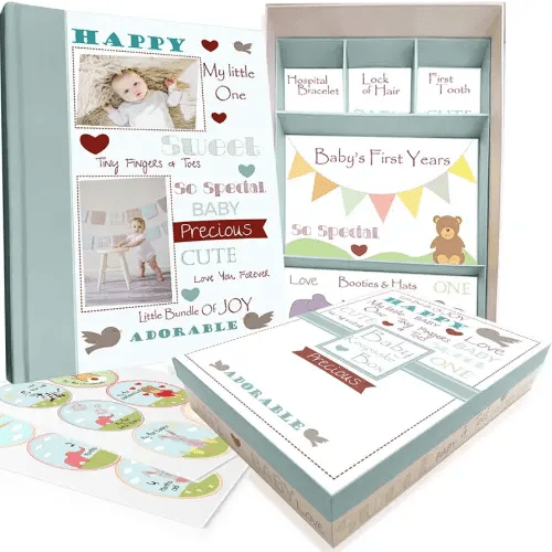 Baby Memory Book for Baby Boy or Girl, First 5 Years Baby Book Keepsake, Gender Neutral Baby Keepsake Box, Baby Gift, Baby Scrapbook, Memory Book Journal, 30 Baby Monthly Milestone Stickers Included