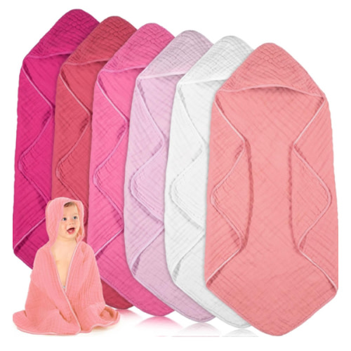 Peryiter 6 Pcs Muslin Hooded Baby Towels,32"x 32" Cotton Newborn Bath Towel Muslin Infant Baby Blankets Absorbent Unisex Newborn Registry Gift for Girls Boys (Pink)