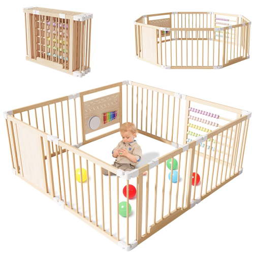 Sunyrisy Wooden Baby Playpen, Foldable Large Fence and Play Yard for Toddlers, Adjustable Shape & Size, Safety Gate With Locking Door, Kids Activity Center