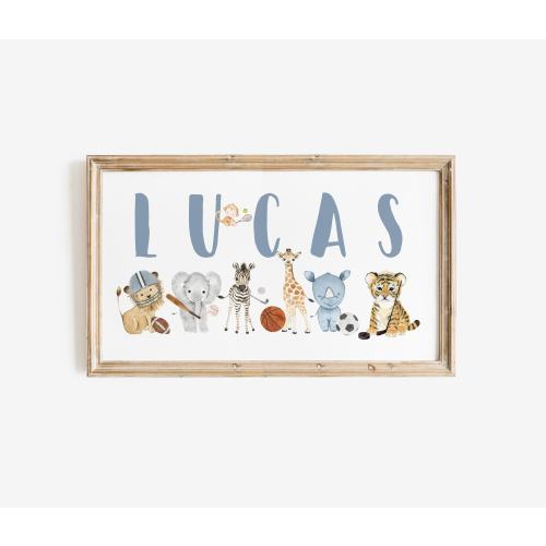 Sports Nursery Name Sign, Sports Nursery Personalized Decor, Name Sign For Toddler, Nursery Panoramic Wall Art, Nursery Gift, Sports Animals