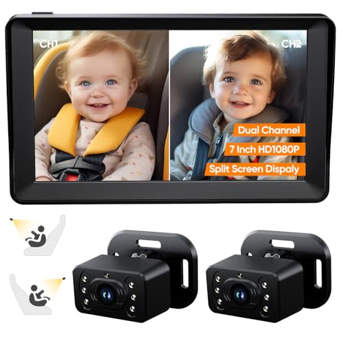 Baby Car Camera for 2 Kids - 7 Inch HD1080P Split Screen Baby Monitor with Dual Backseat Camera 150 Wide View & 360 Rotatable, Night Vision Easy Install, Rear-Facing Baby Car Mirror