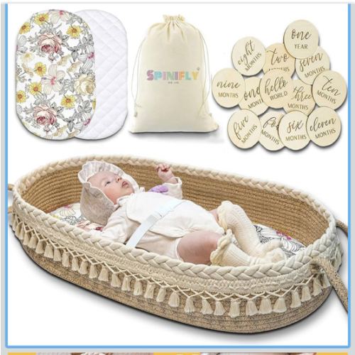 Baby Changing Basket Kit - Macrame Boho Moses Basket for Babies, Handmade 100% Cotton, Woven Portable Nursery Decor, Waterproof Pad & Floral Pad, Milestone Cards, Changing Table Topper for Dresser