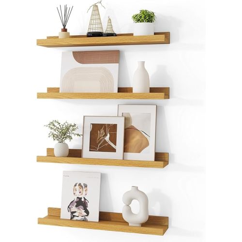 Fun Memories Picture Ledge Shelves, Floating Shelves 24 Inch Long, Set of 4, Picture Shelves with Ledge, Rustic Photo Ledge Shelves Display Shelves Storage Shelves Nursery Book Shelves, Oak Color