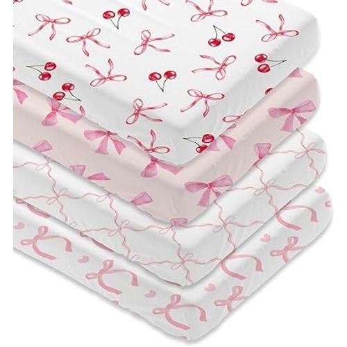 4 Pack Pink Bow Crib Sheet Set for Baby Girl, Soft Breathable Fitted Crib Sheet 28 x 52 in, Nursery Decor for Standard Crib and Toddler Bed Mattresses