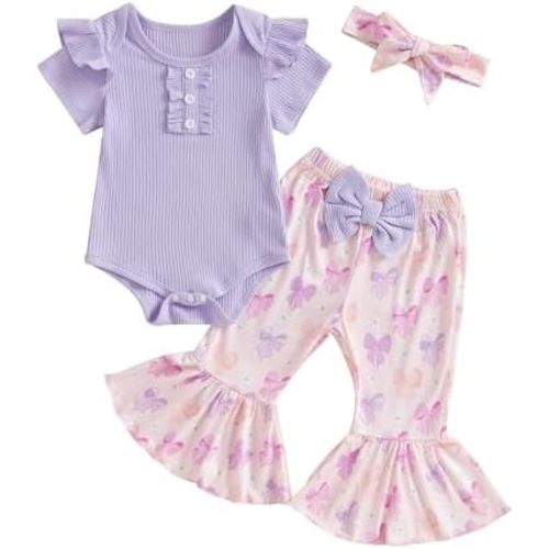 MERSARIPHY Baby Girl Bell Bottom Outfit Cute Infant Newborn Girl Summer Clothes Ribbed Knit Ruffle Romper Tops Flare Pant Set