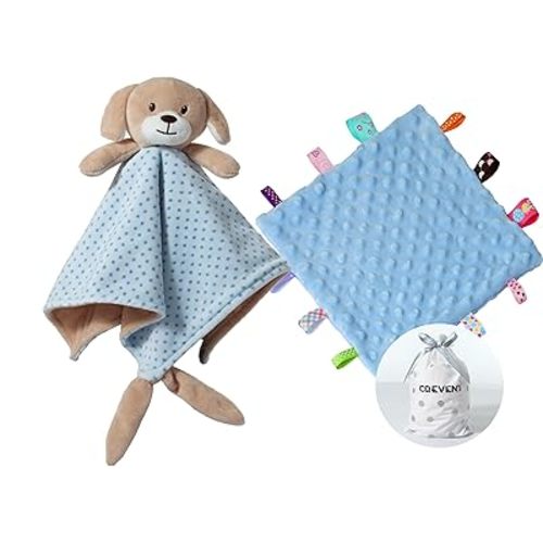 CREVENT Soft Plush Animal Face Security Blankets for Boys and Girls, Great Gifts for Birthday Baby Shower (Blue Dog + Tag)
