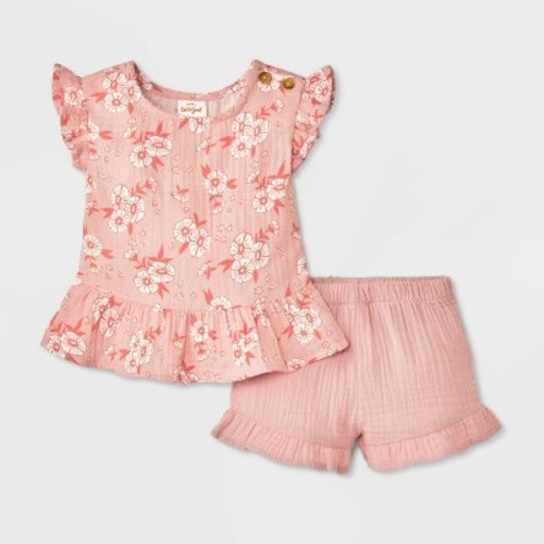 Baby Girls' Ruffle Sleeve Floral Gauze Shorts Set - Cat & Jack™ Pink 6-9M