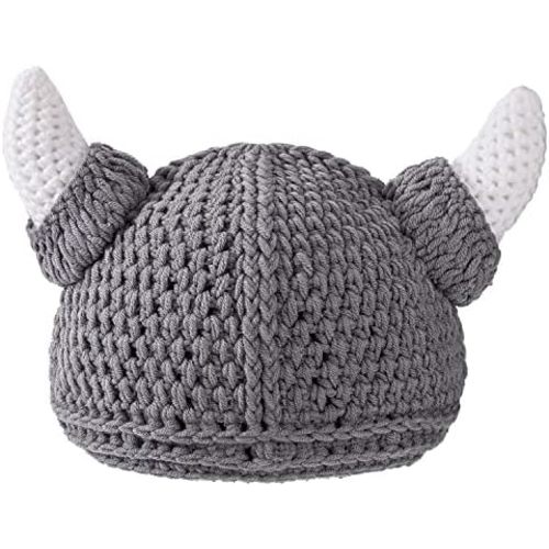 Baby Viking Knit Hat with Horns Barbarian Cute Beanie Hat Adult Crochet Handmade Knitted Cap Gray