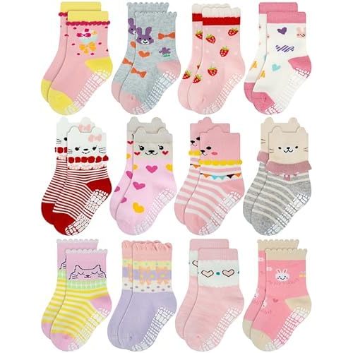 RATIVE Non Skid Anti Slip Cotton Dress Crew Socks With Grips For Baby Infant Toddler Kids Girls